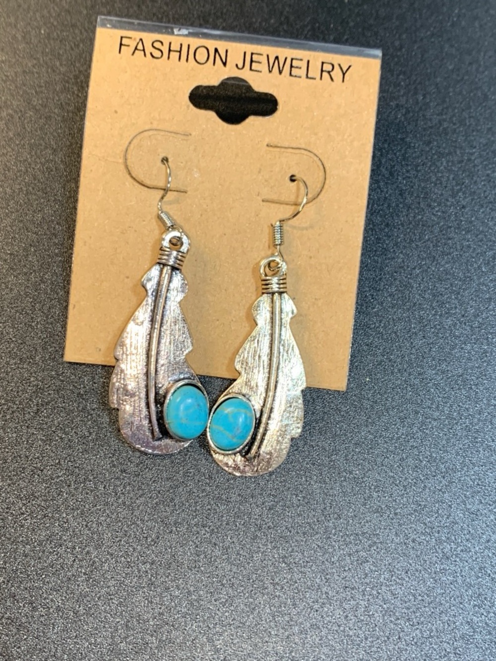 NWT Silver tone Feather Earrings with faux Turquoise Stone western boho